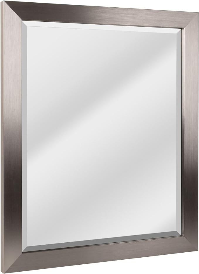 Evora Brushed Nickel Polystyrene Rectangular Framed Beveled Wall Mirror, Vanity Mirror, Bathroom Mirrors, Living Room Mirrors - 22" x 28"