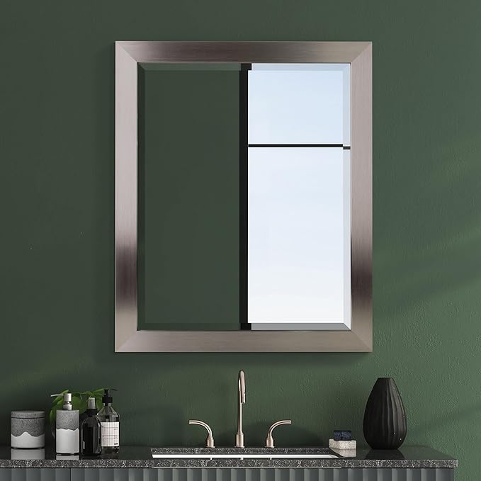 Evora Brushed Nickel Polystyrene Rectangular Framed Beveled Wall Mirror, Vanity Mirror, Bathroom Mirrors, Living Room Mirrors - 22" x 28"