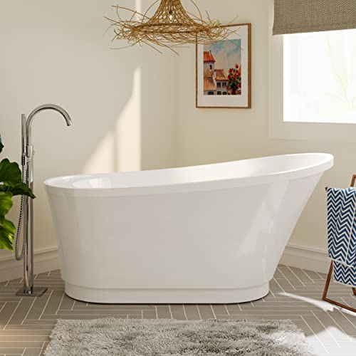 Evora 59" Acrylic Freestanding Bathtub, White Modern Stand Alone Soaking Bathtub,Brushed Nickel Drain and Minimalist Linear Design Overflow Included, Easy to Install