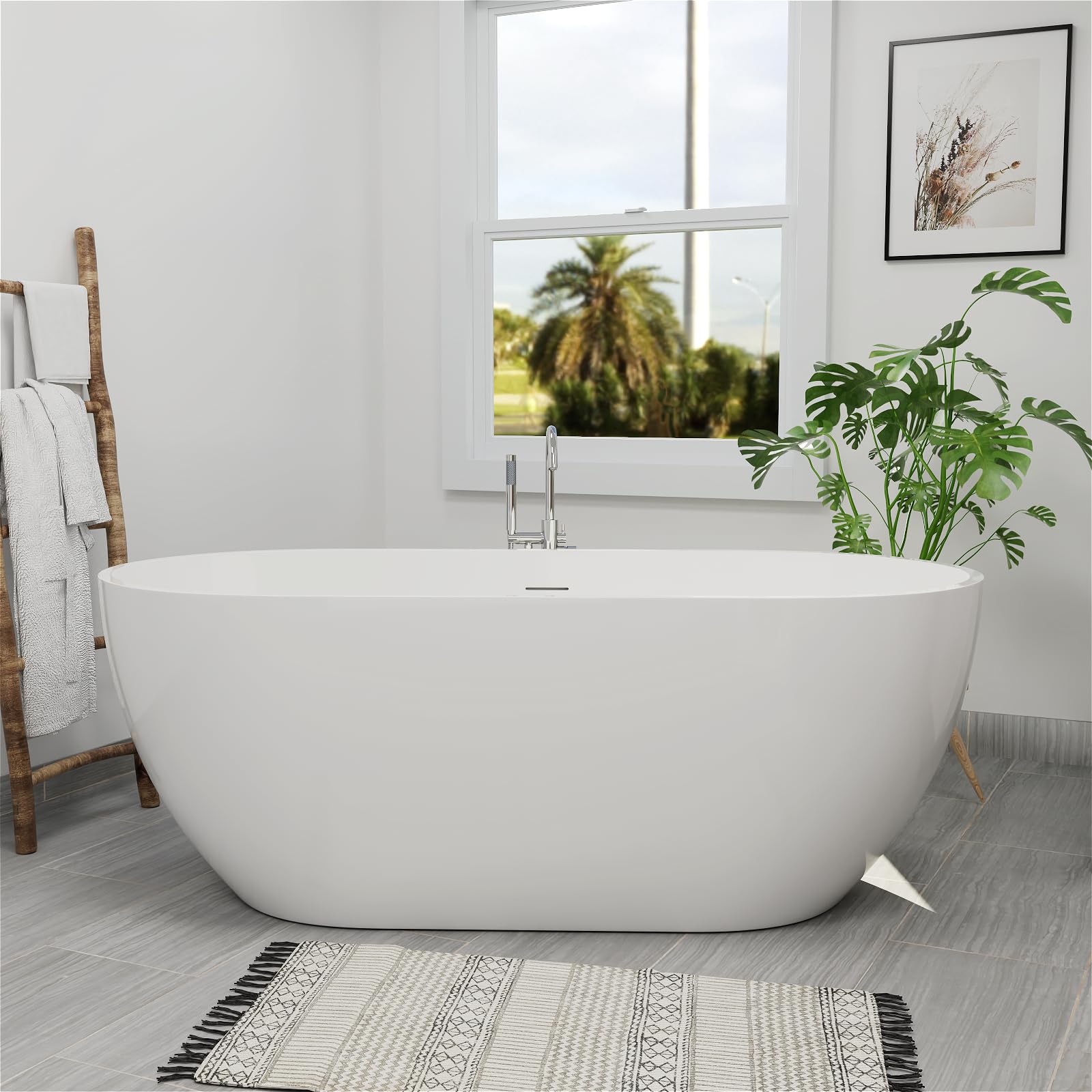 Evora 65" Acrylic Freestanding Tub, Double Ended Freestanding Tub, Soaking Tub with Integrated Slotted Overflow, Toe-On Chrome Drain, Glossy White