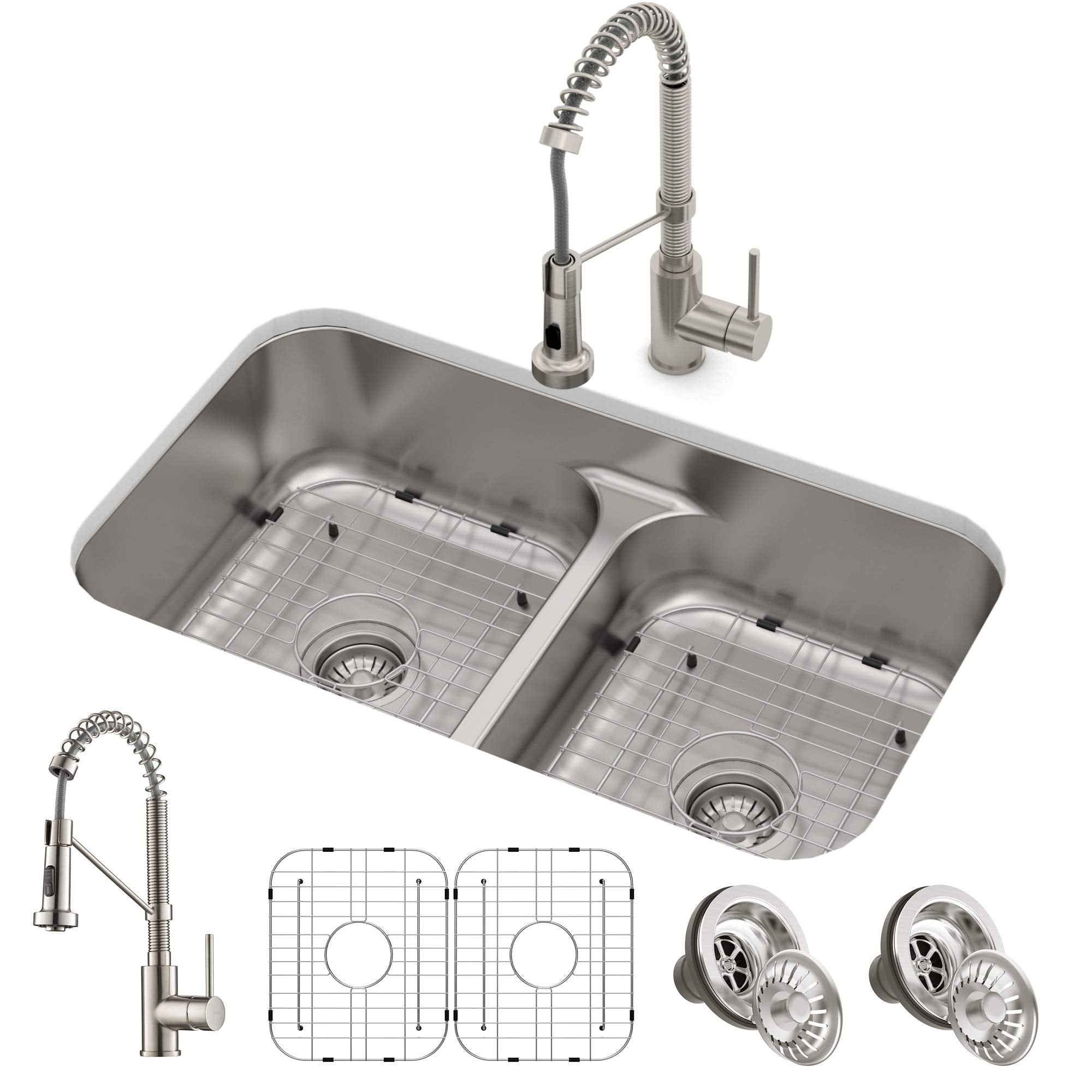 Evora Kitchen Combo Set with 33-inch 16 Gauge Undermount Kitchen Sink and Bolden 18-inch Pull-Down Commercial Style Kitchen Faucet, Spot Free Stainless Steel Finish