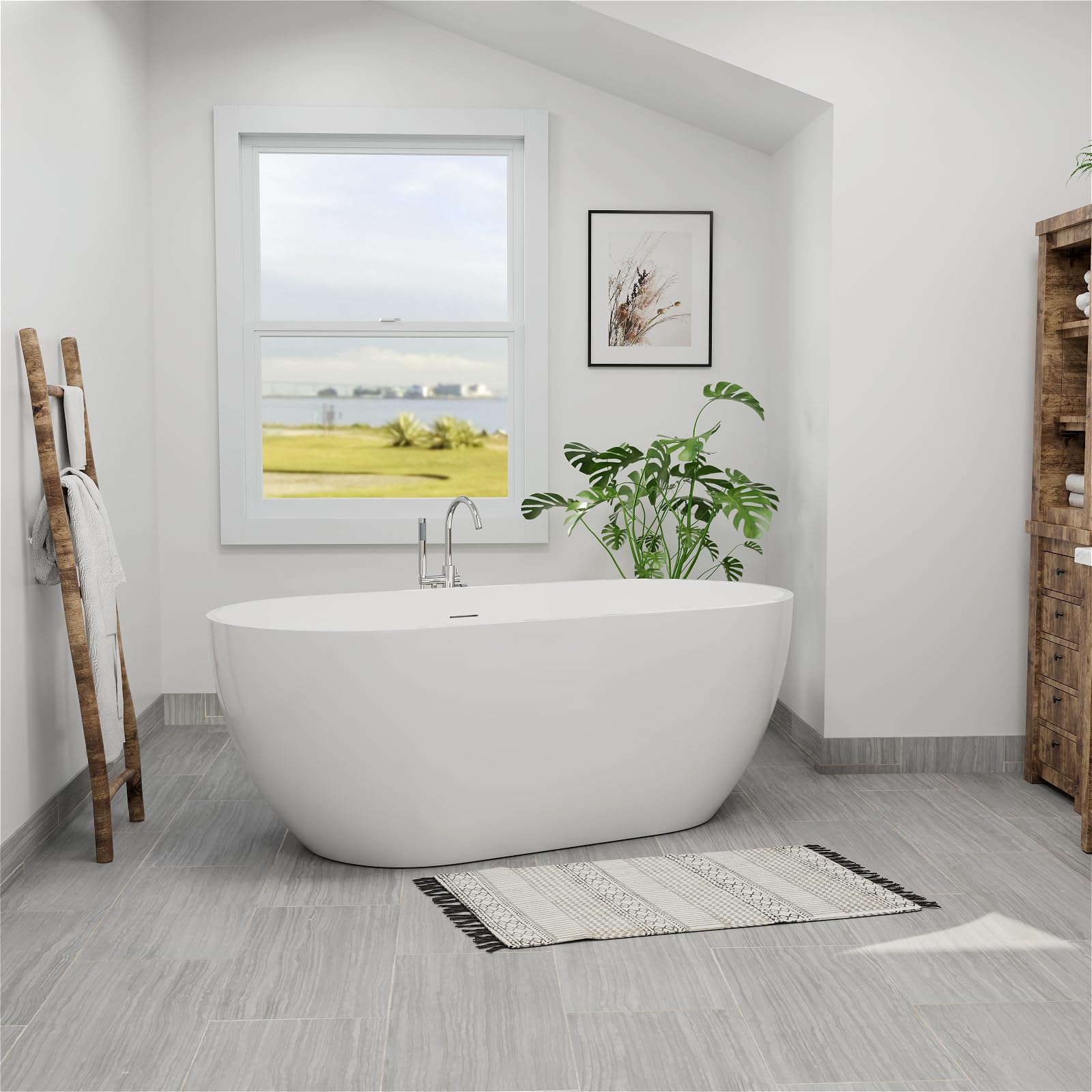 Evora 65" Acrylic Freestanding Tub, Double Ended Freestanding Tub, Soaking Tub with Integrated Slotted Overflow, Toe-On Chrome Drain, Glossy White